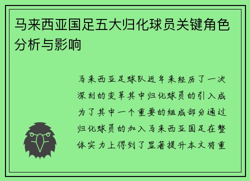 马来西亚国足五大归化球员关键角色分析与影响